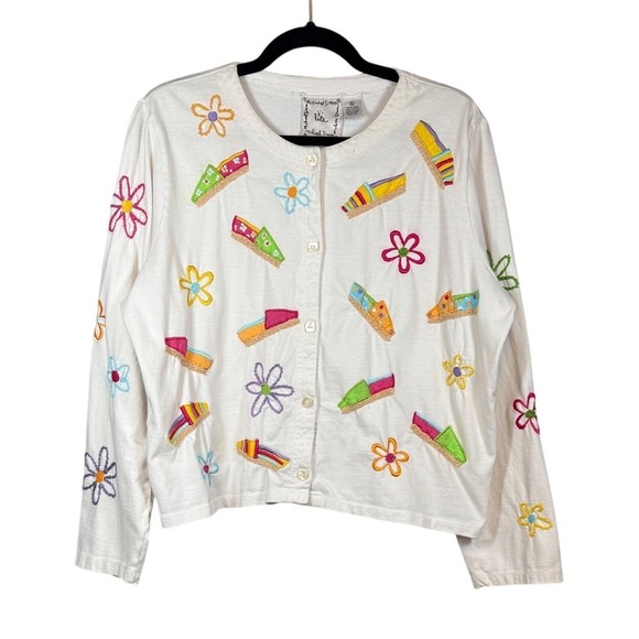 Vintage Michael Simon Lite Embroidered Cardigan, Espadrilles and Flowers, Size M - Picture 3 of 8